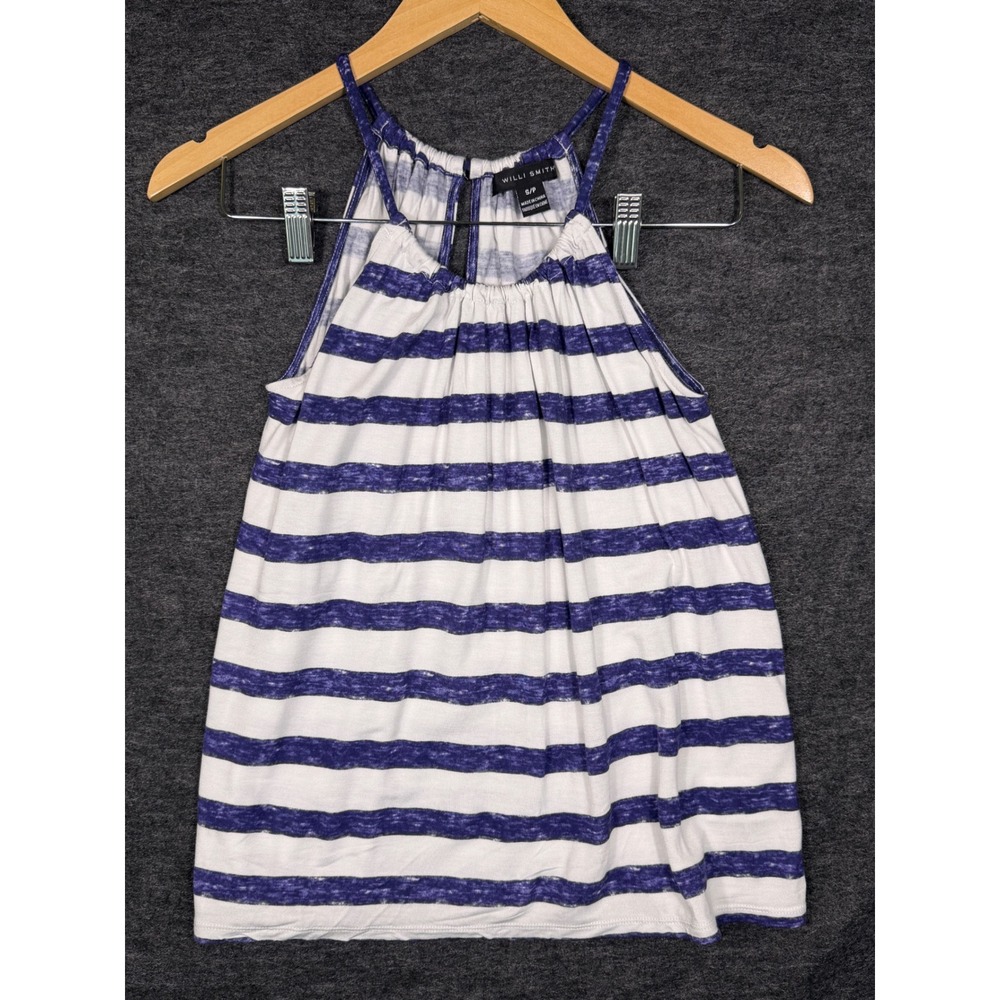 Willi Smith Halter Tank Top Women Small White Blue Striped Keyhole Back‎ USA